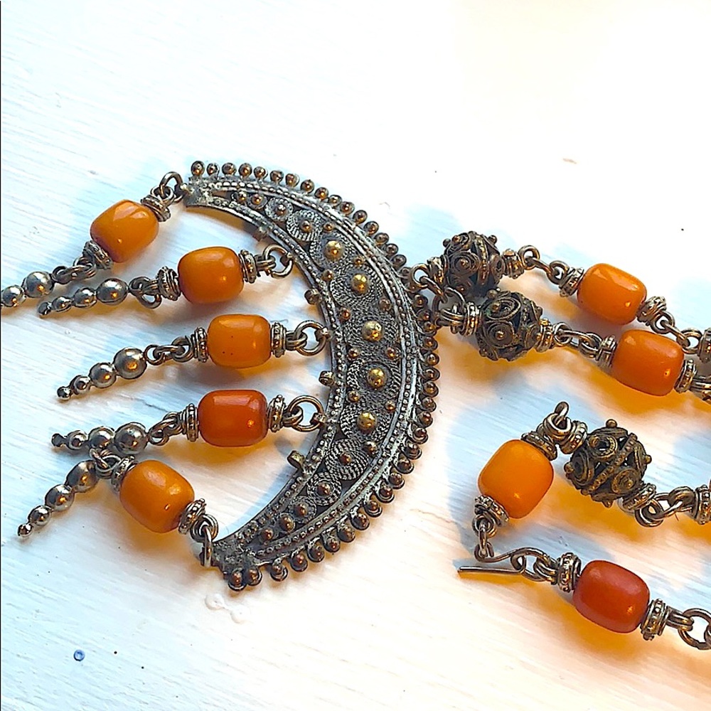 Silver Amber Crescent Dripping Bells Necklace